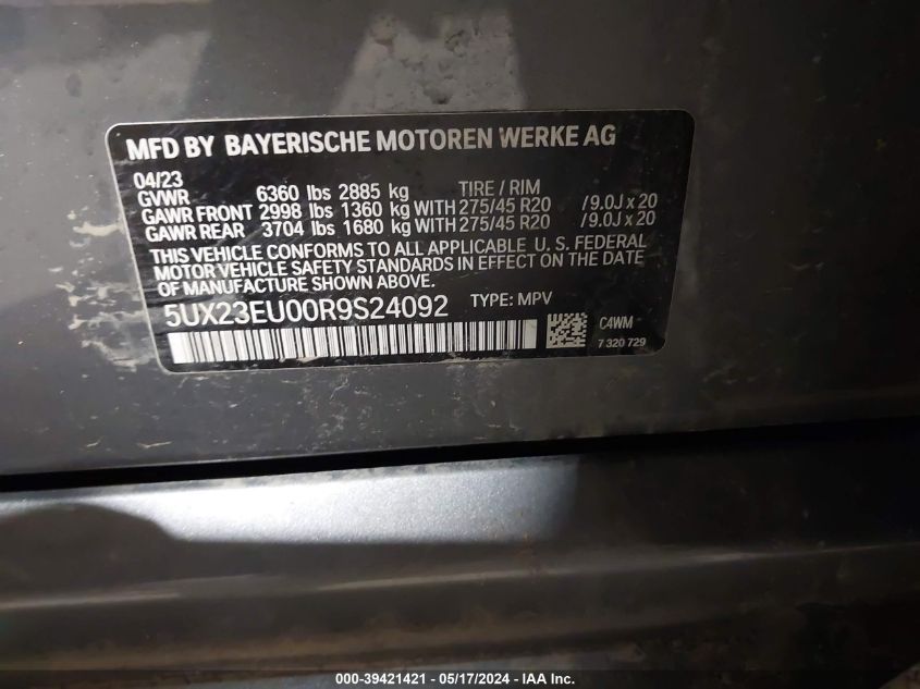 2024 BMW X5 xDrive40I VIN: 5UX23EU00R9S24092 Lot: 39421421