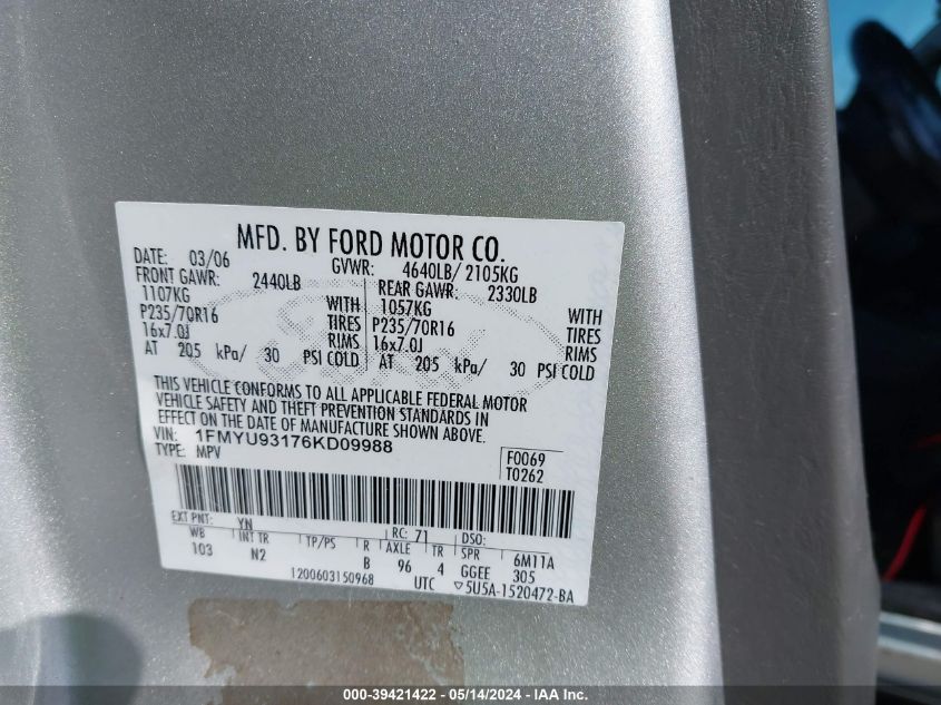 2006 Ford Escape Xlt/Xlt Sport VIN: 1FMYU93176KD09988 Lot: 39421422