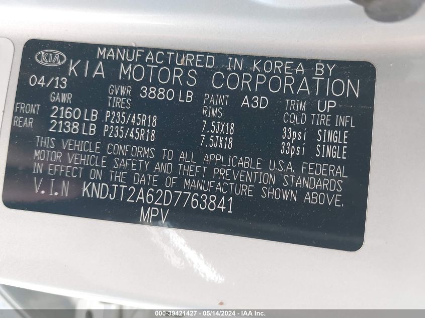 2013 Kia Soul ! VIN: KNDJT2A62D7763841 Lot: 39421427