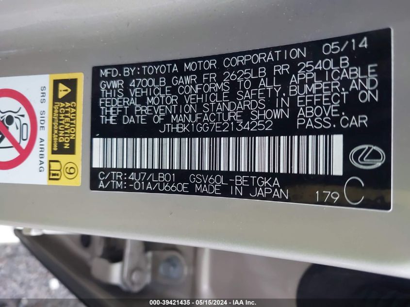 2014 Lexus Es 350 VIN: JTHBK1GG7E2134252 Lot: 39421435