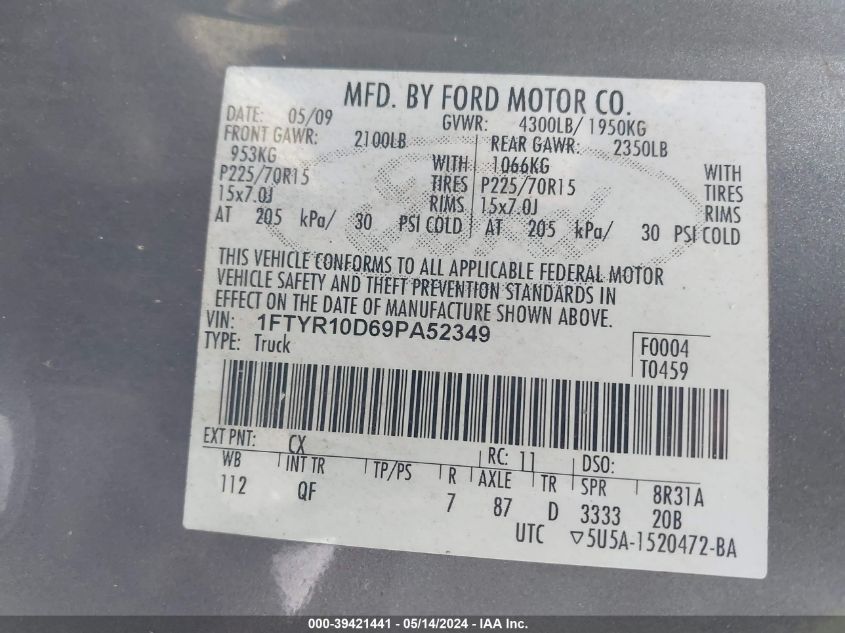 2009 Ford Ranger Sport/Xl/Xlt VIN: 1FTYR10D69PA52349 Lot: 39421441