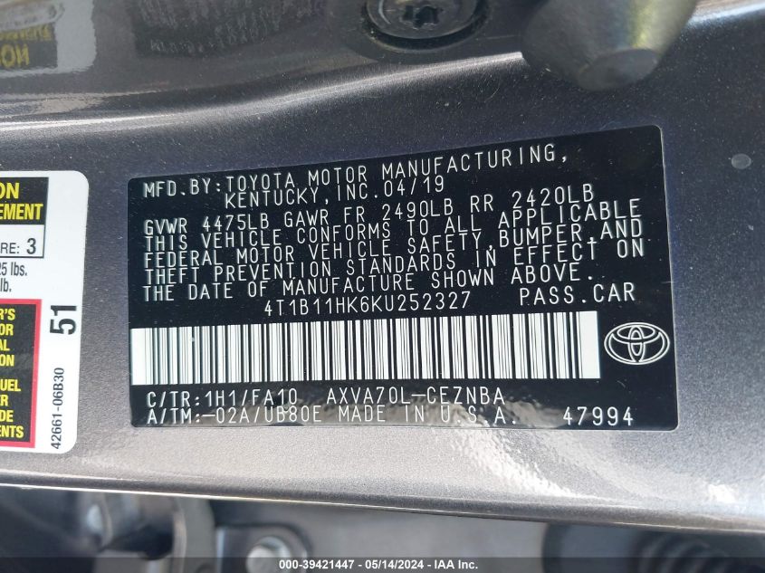 2019 Toyota Camry Le VIN: 4T1B11HK6KU252327 Lot: 39421447