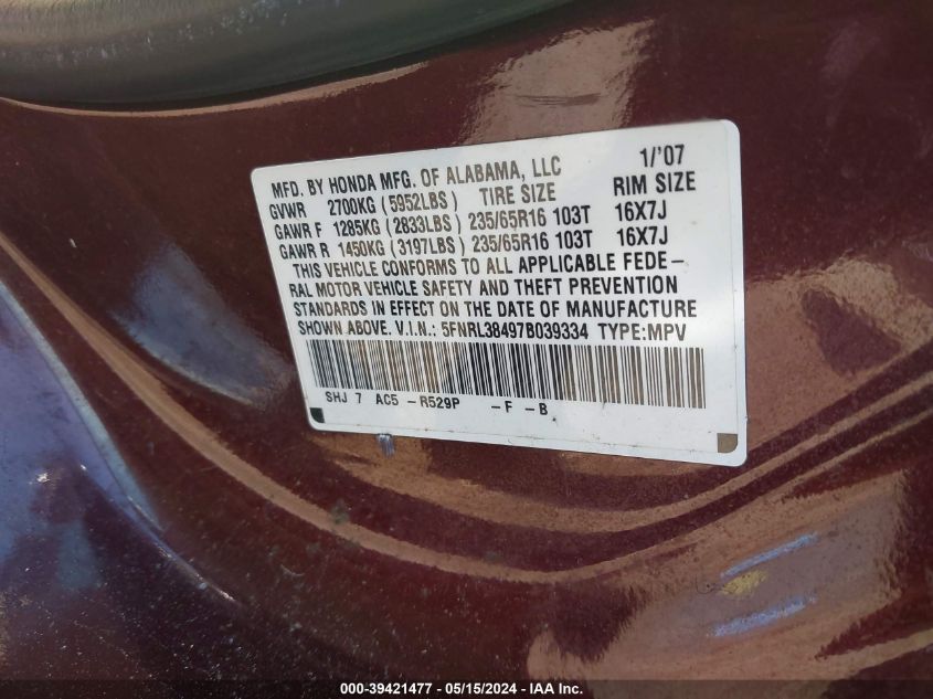 2007 Honda Odyssey Ex VIN: 5FNRL38497B039334 Lot: 39421477