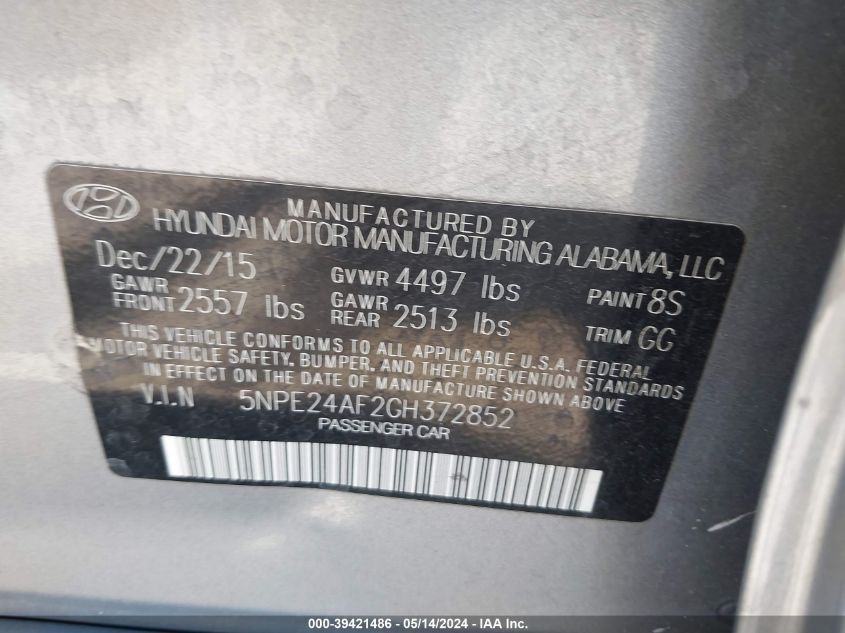 2016 Hyundai Sonata Se VIN: 5NPE24AF2GH372852 Lot: 39421486