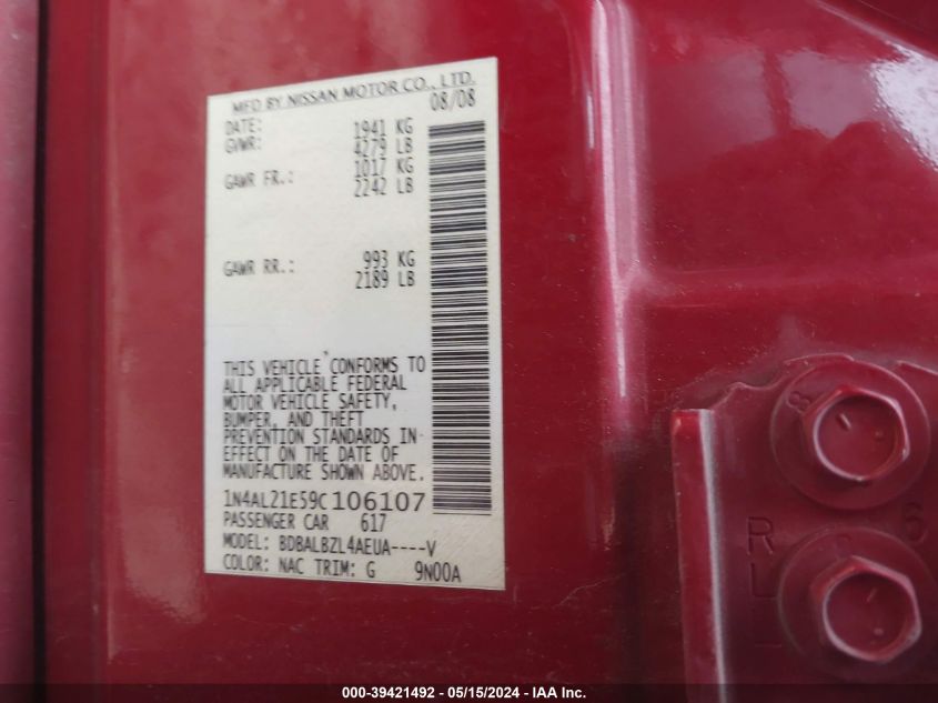 2009 Nissan Altima 2.5 S VIN: 1N4AL21E59C106107 Lot: 39421492