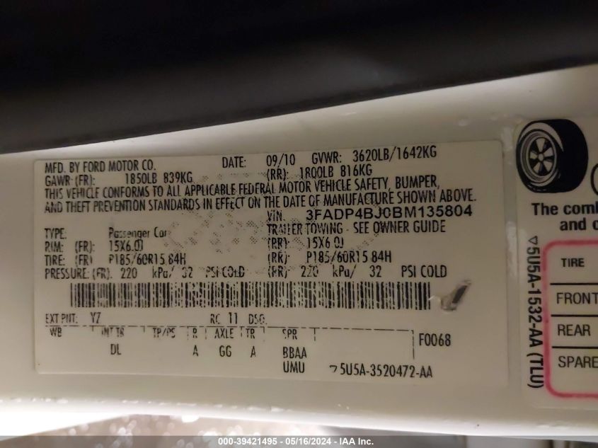 2011 Ford Fiesta Se VIN: 3FADP4BJ0BM135804 Lot: 39421495