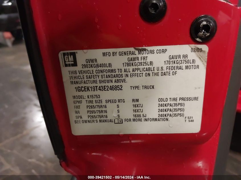 2003 Chevrolet Silverado 1500 Lt VIN: 1GCEK19T43E246852 Lot: 39421502