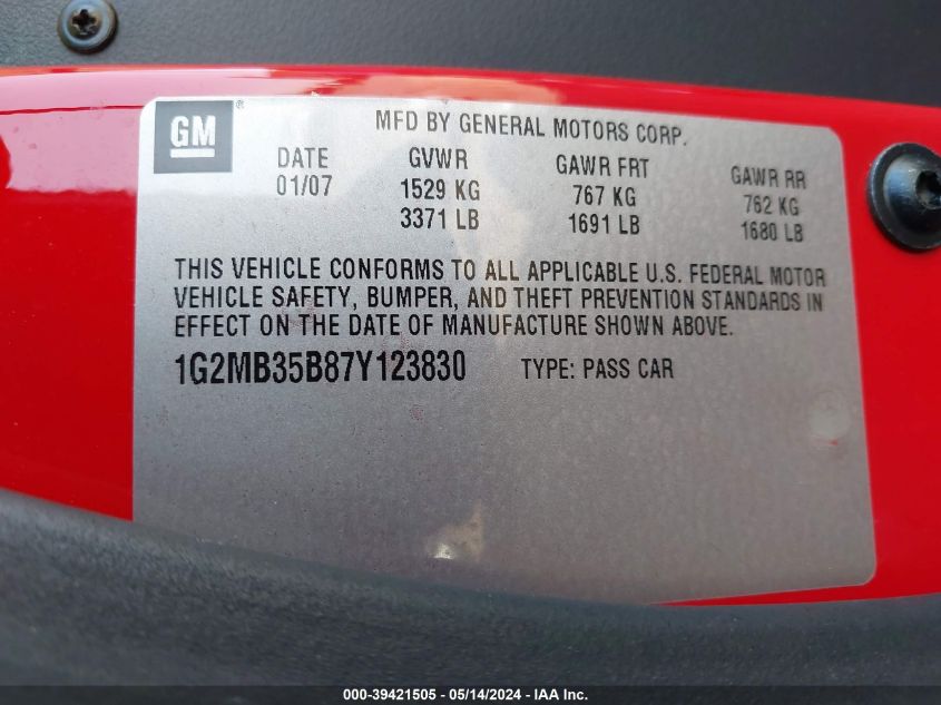 2007 Pontiac Solstice VIN: 1G2MB35B87Y123830 Lot: 39421505