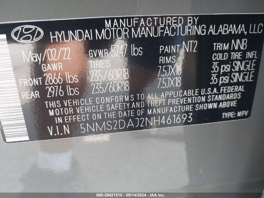 2022 HYUNDAI SANTA FE SEL - 5NMS2DAJ2NH461693