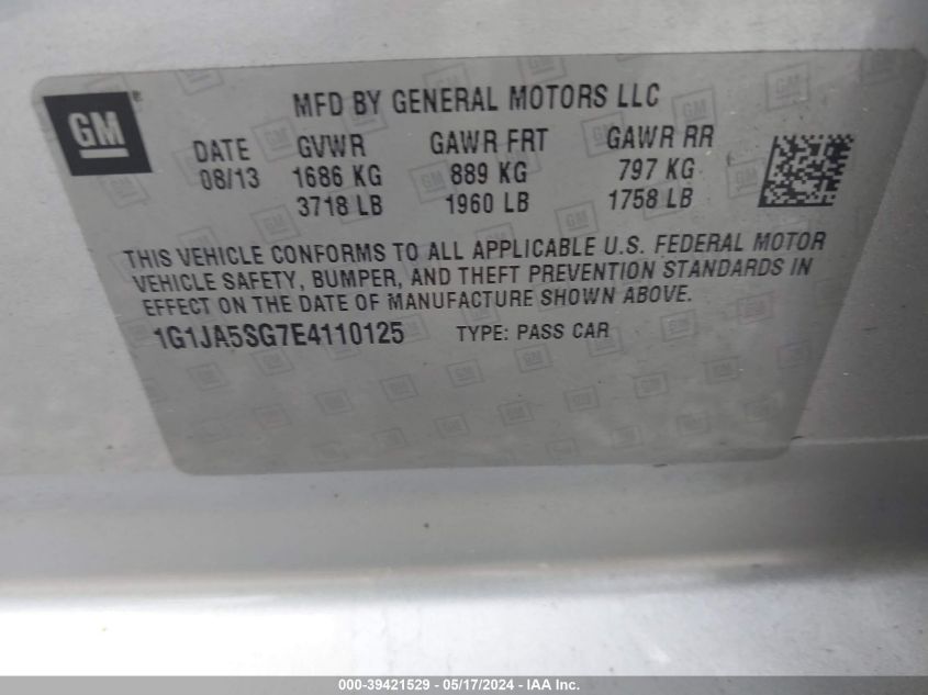 2014 Chevrolet Sonic Ls Auto VIN: 1G1JA5SG7E4110125 Lot: 39421529