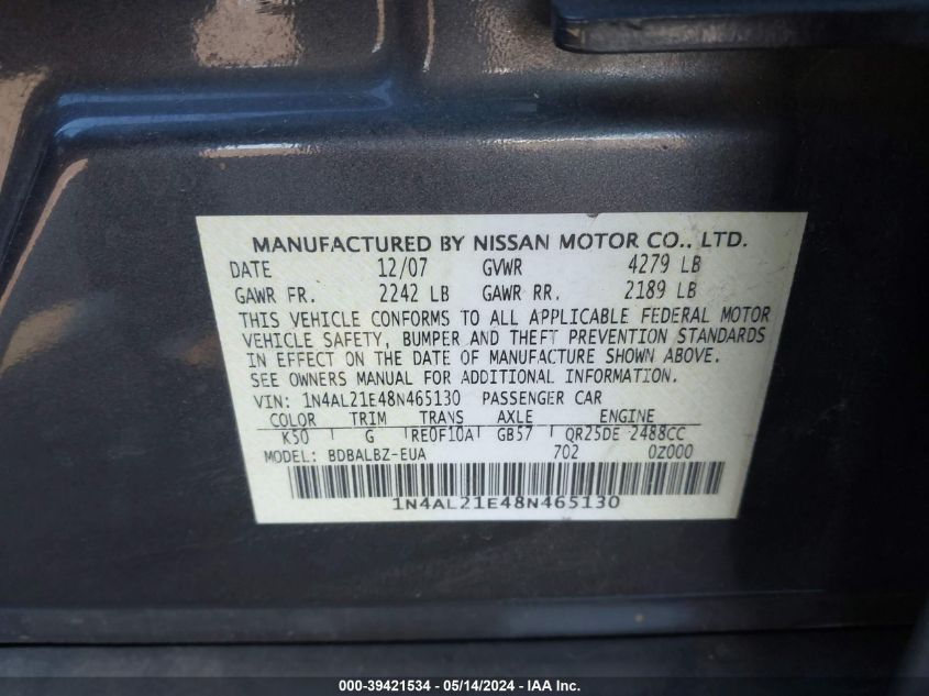 2008 Nissan Altima 2.5 S VIN: 1N4AL21E48N465130 Lot: 39421534