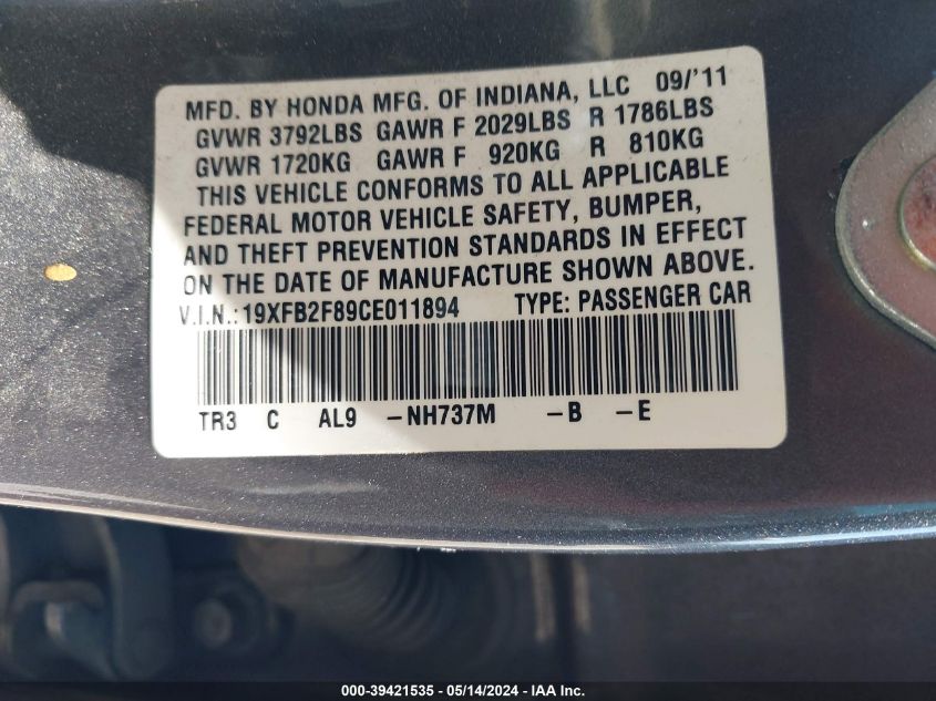 2012 Honda Civic Ex VIN: 19XFB2F89CE011894 Lot: 39421535