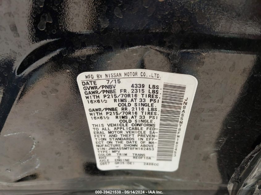 2015 Nissan Rogue Select S VIN: JN8AS5MT8FW162453 Lot: 39421538