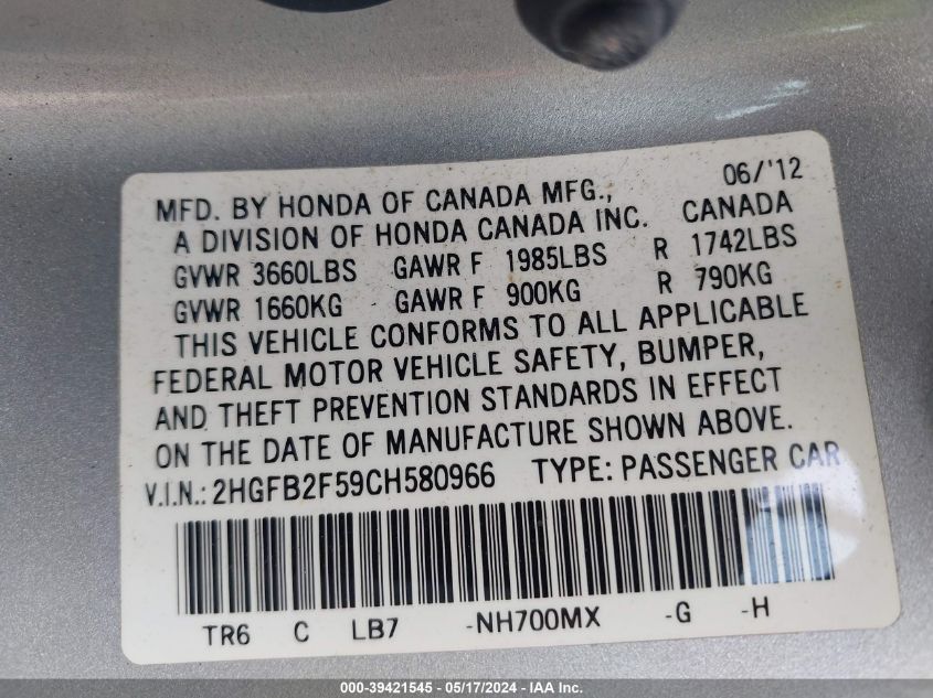 2012 Honda Civic Lx VIN: 2HGFB2F59CH580966 Lot: 39421545