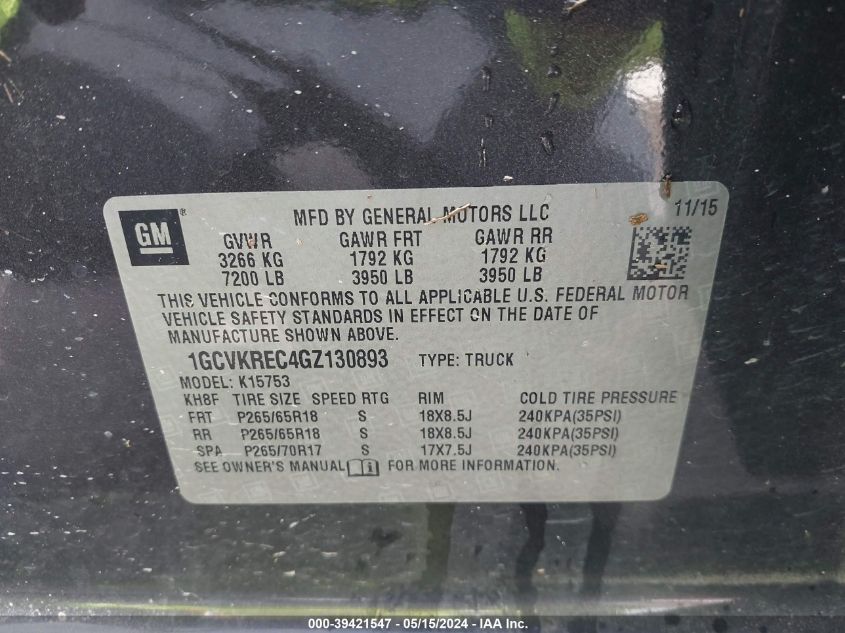 2016 Chevrolet Silverado 1500 2Lt VIN: 1GCVKREC4GZ130893 Lot: 39421547