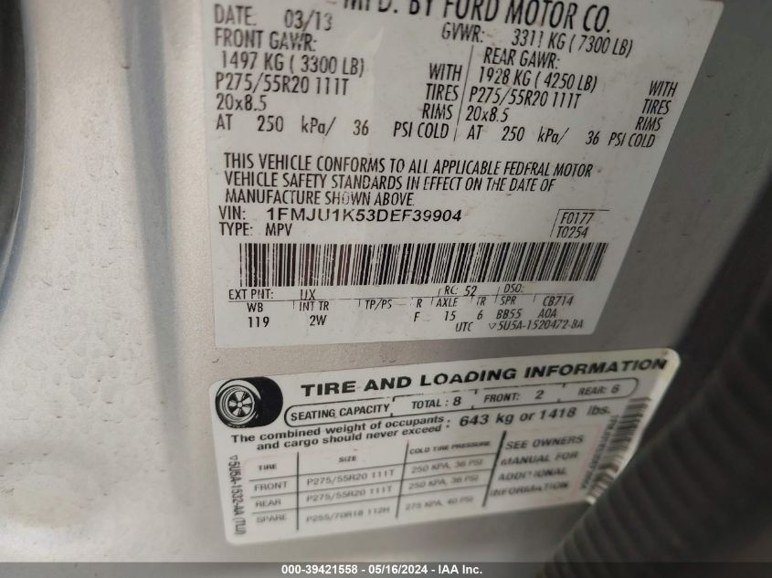 2013 Ford Expedition Limited VIN: 1FMJU1K53DEF39904 Lot: 39421558
