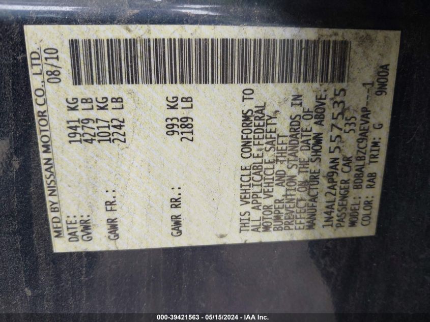 2010 Nissan Altima 2.5 S VIN: 1N4AL2AP9AN557535 Lot: 39421563