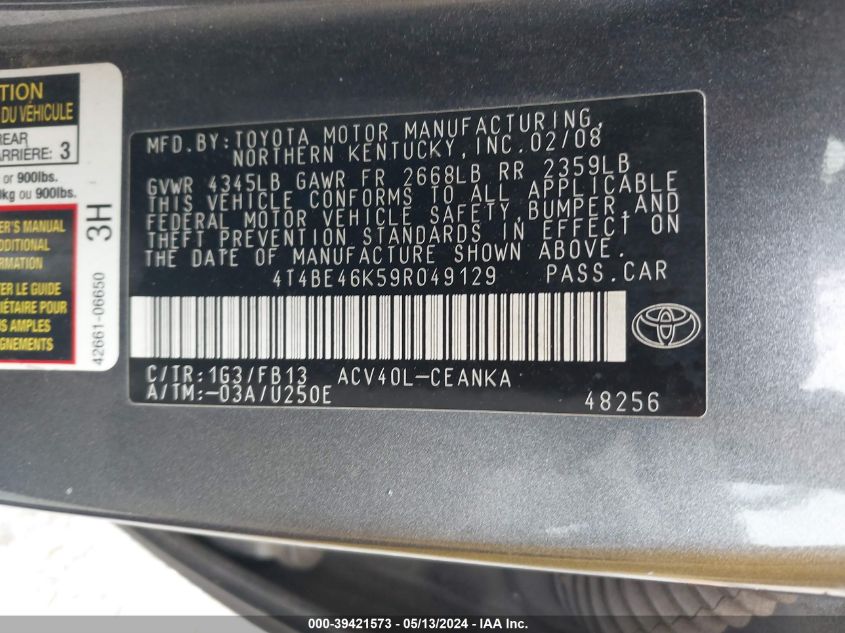 2009 Toyota Camry Le VIN: 4T4BE46K59R049129 Lot: 39421573