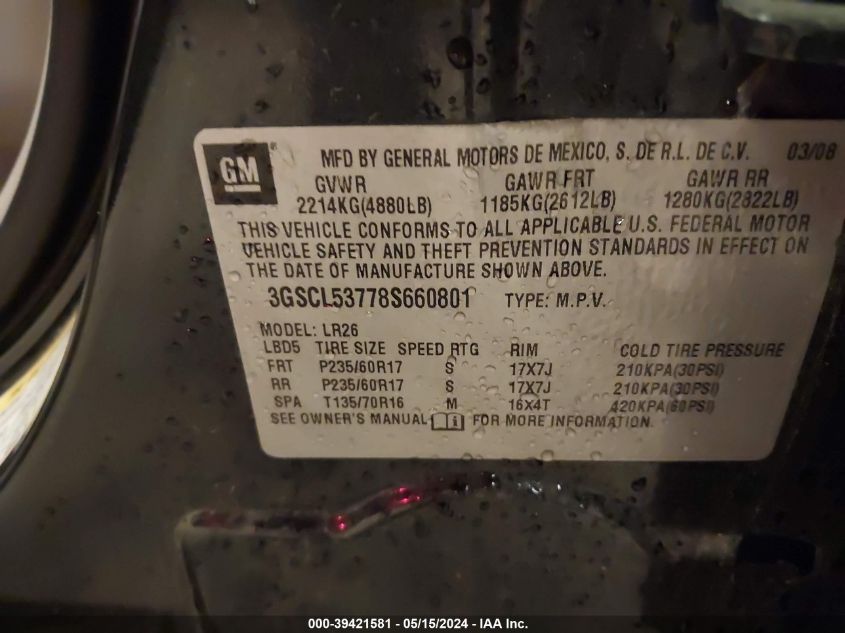 2008 Saturn Vue V6 Xr VIN: 3GSCL53778S660801 Lot: 39421581