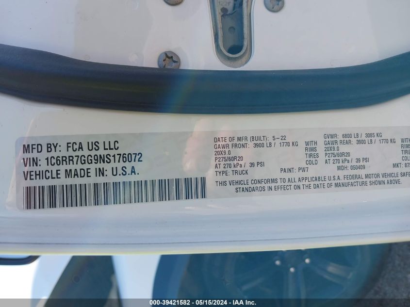 2022 Ram 1500 Classic Warlock Quad Cab 4X4 6'4 Box VIN: 1C6RR7GG9NS176072 Lot: 39421582