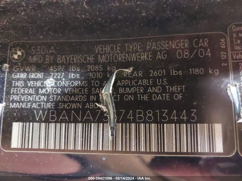 2004 BMW 530I VIN: WBANA73574B813443 Lot: 39421596