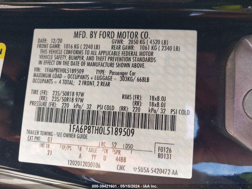 2020 Ford Mustang Ecoboost Fastback VIN: 1FA6P8TH0L5189509 Lot: 39421601