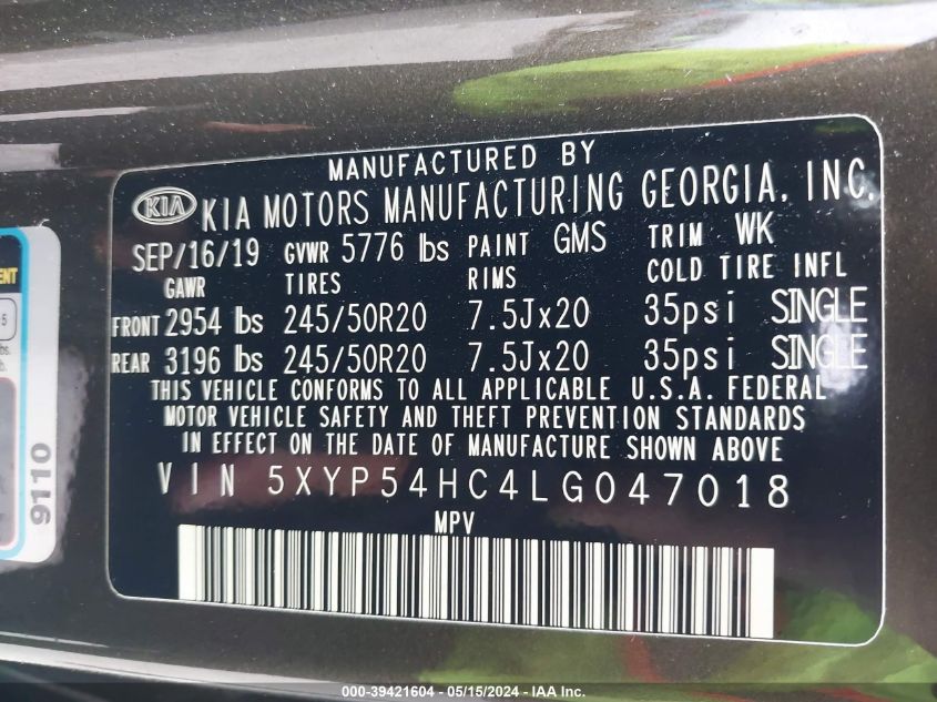 2020 Kia Telluride Sx VIN: 5XYP54HC4LG047018 Lot: 39421604