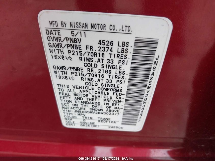 2011 Nissan Rogue S VIN: JN8AS5MV2BW302377 Lot: 39421617