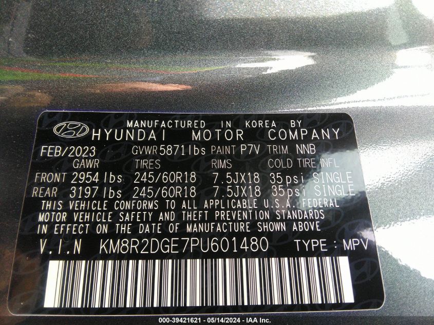 2023 Hyundai Palisade Sel VIN: KM8R2DGE7PU601480 Lot: 39421621