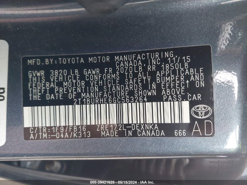 2016 Toyota Corolla Le VIN: 2T1BURHE6GC563264 Lot: 39421625