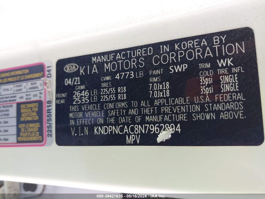 2022 Kia Sportage Ex VIN: KNDPNCAC8N7962894 Lot: 39421635