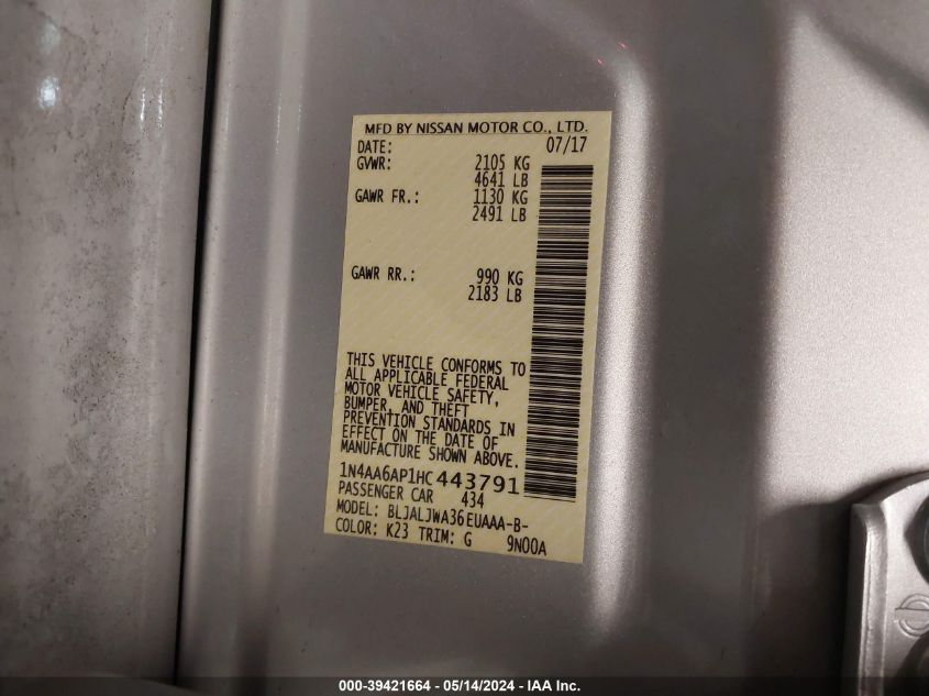 2017 Nissan Maxima 3.5 Sv VIN: 1N4AA6AP1HC443791 Lot: 39421664