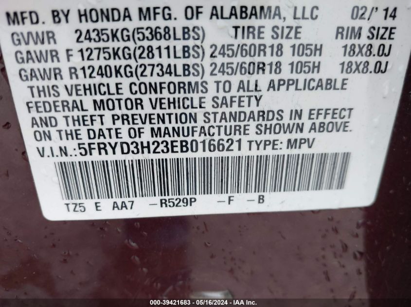 2014 Acura Mdx VIN: 5FRYD3H23EB016621 Lot: 39421683