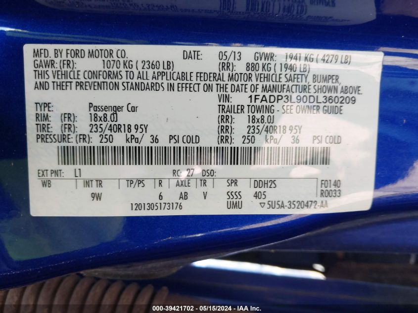 2013 Ford Focus St VIN: 1FADP3L90DL360209 Lot: 39421702