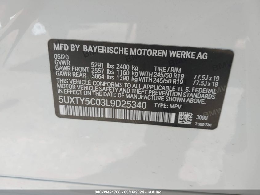 2020 BMW X3 xDrive30I VIN: 5UXTY5C03L9D25340 Lot: 39421708
