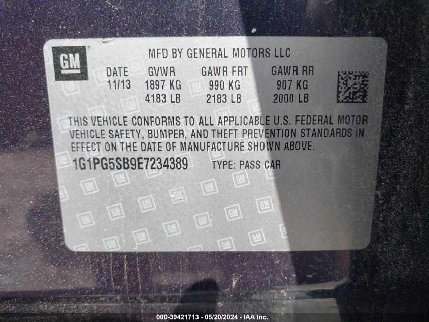 2014 Chevrolet Cruze Ltz VIN: 1G1PG5SB9E7234389 Lot: 39421713