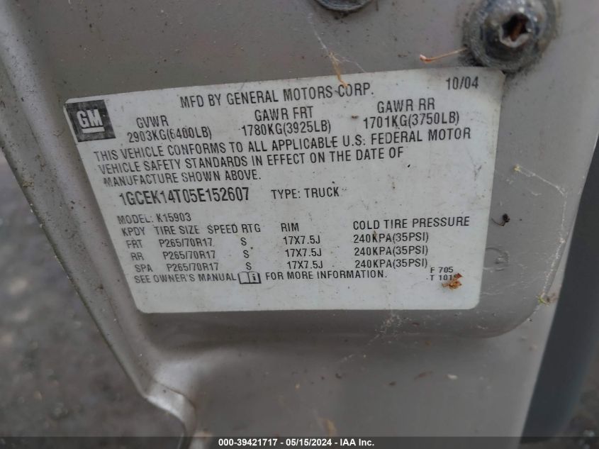 2005 Chevrolet Silverado 1500 VIN: 1GCEK14T05E152607 Lot: 39421717