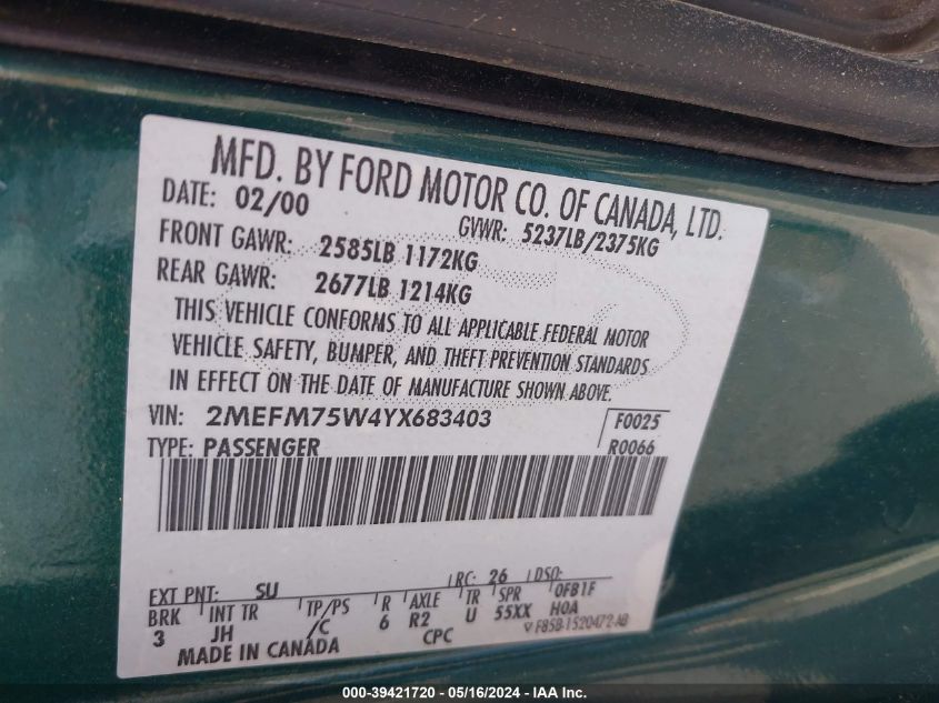 2000 Mercury Grand Marquis Ls VIN: 2MEFM75W4YX683403 Lot: 39421720
