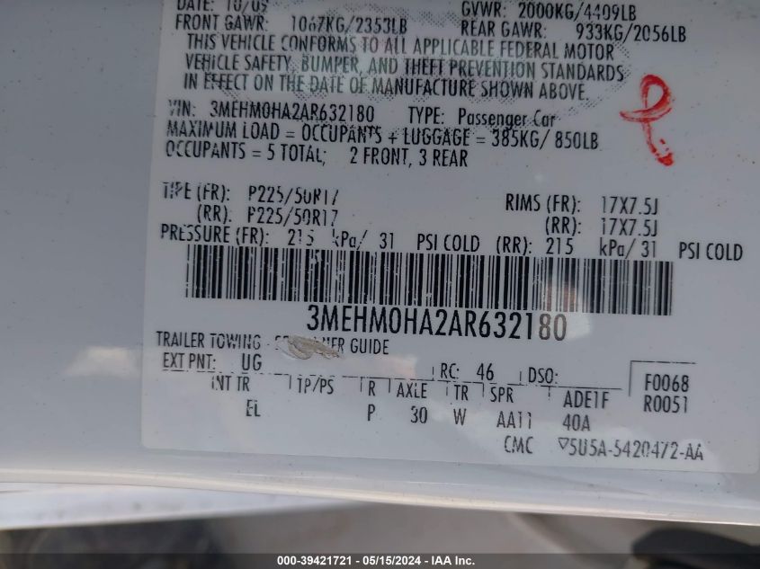 2010 Mercury Milan VIN: 3MEHM0HA2AR632180 Lot: 39421721