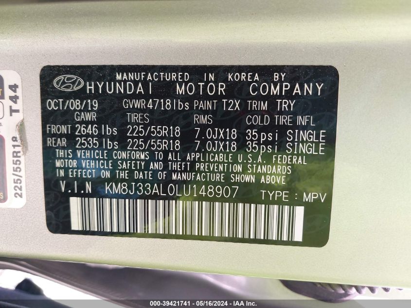 2020 Hyundai Tucson Ultimate VIN: KM8J33AL0LU148907 Lot: 39421741