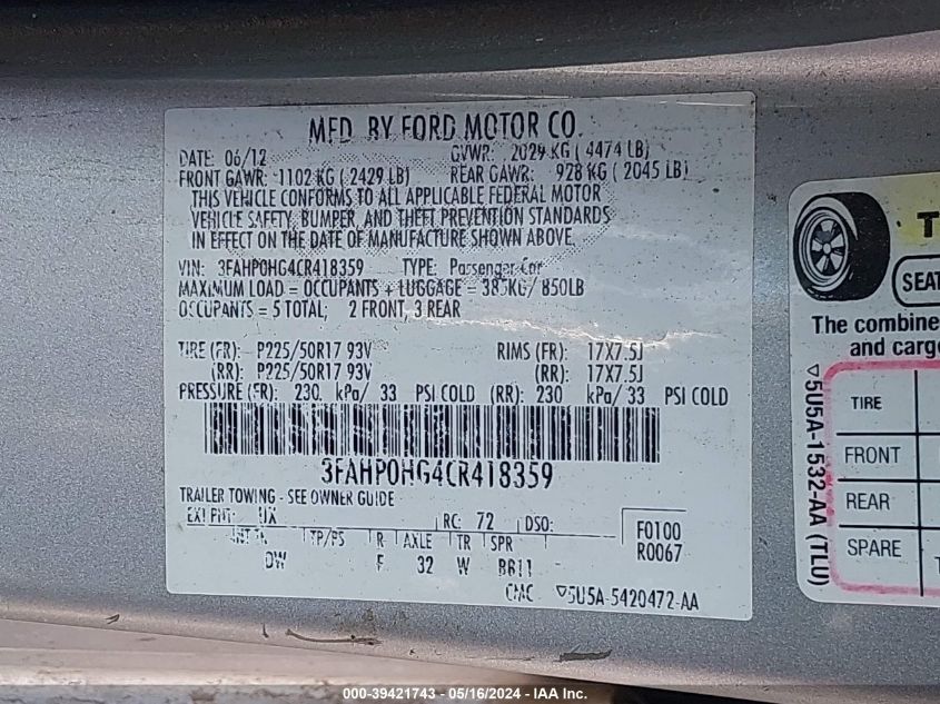 2012 Ford Fusion Se VIN: 3FAHP0HG4CR418359 Lot: 39421743