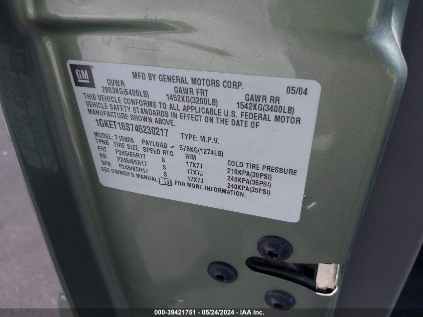 2004 GMC Envoy Xl Sle VIN: 1GKET16S746230217 Lot: 39421751