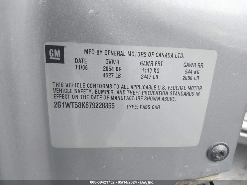 2007 Chevrolet Impala Lt VIN: 2G1WT58K679228355 Lot: 39421752