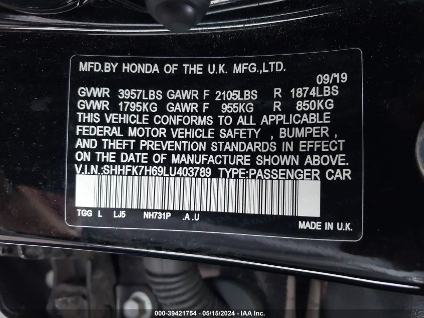 2020 Honda Civic Ex VIN: SHHFK7H69LU403789 Lot: 39421754