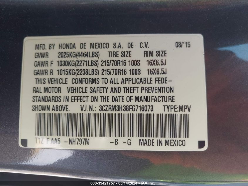2015 Honda Cr-V Lx VIN: 3CZRM3H38FG716073 Lot: 39421757