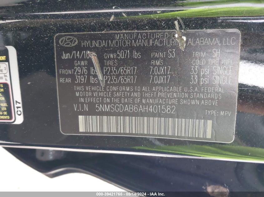 2010 Hyundai Santa Fe Gls VIN: 5NMSGDAB6AH401582 Lot: 39421765