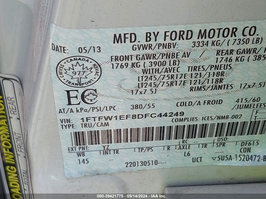 2013 Ford F-150 Xlt VIN: 1FTFW1EF8DFC44249 Lot: 39421775