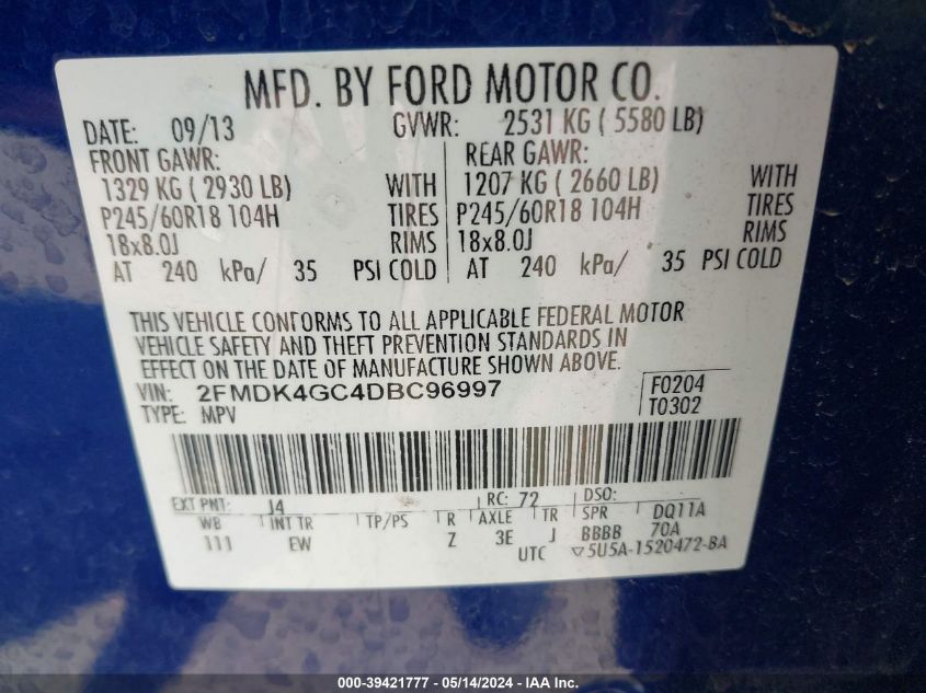 2013 Ford Edge Se VIN: 2FMDK4GC4DBC96997 Lot: 39421777