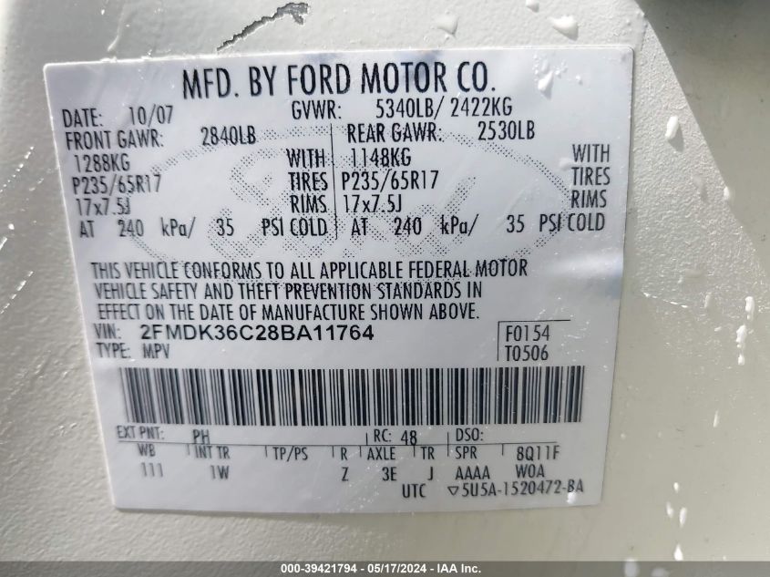 2008 Ford Edge Se VIN: 2FMDK36C28BA11764 Lot: 39421794