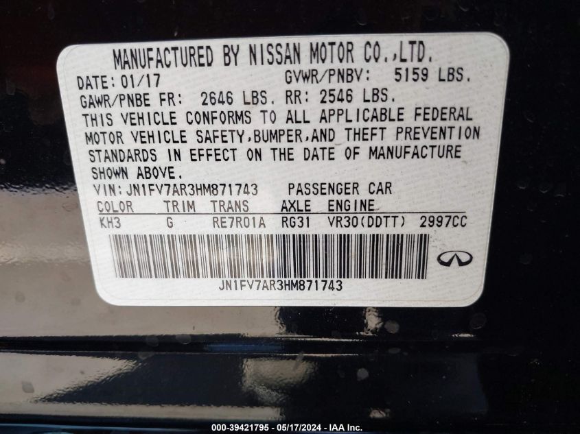 2017 Infiniti Q50 3.0T Red Sport 400 VIN: JN1FV7AR3HM871743 Lot: 39421795